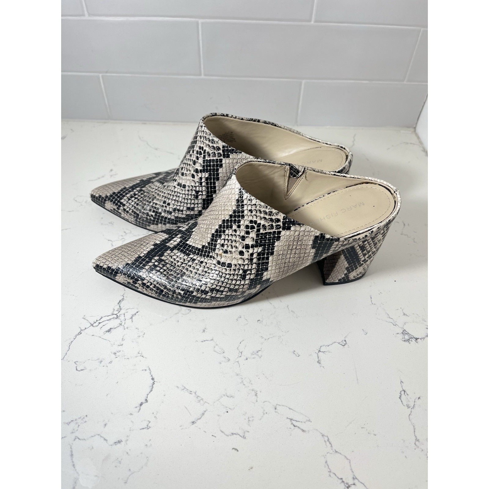 Marc Fisher Ragni Snakeskin Leather Pointed Toe Heeled Mules Size 11m Glam 3in